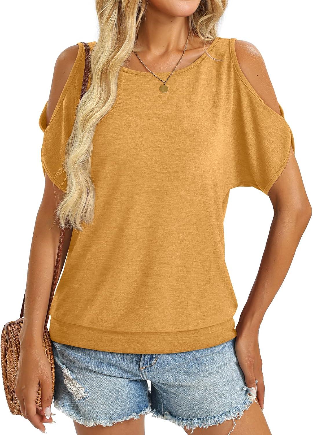 image:imageWomens Cold Shoulder Tops Banded Bottom Boat Neck T Shirts Summer Sexy Casual Loose Fit Clothes 2026Yellow