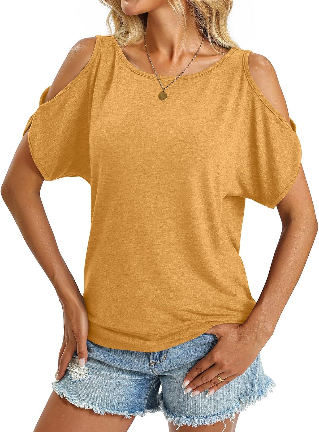 image:imageWomens Cold Shoulder Tops Banded Bottom Boat Neck T Shirts Summer Sexy Casual Loose Fit Clothes 2026Yellow
