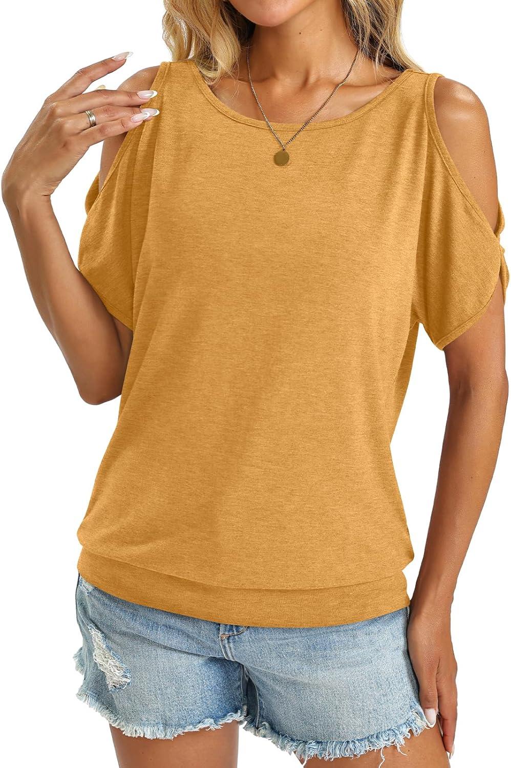 image:imageWomens Cold Shoulder Tops Banded Bottom Boat Neck T Shirts Summer Sexy Casual Loose Fit Clothes 2026Yellow
