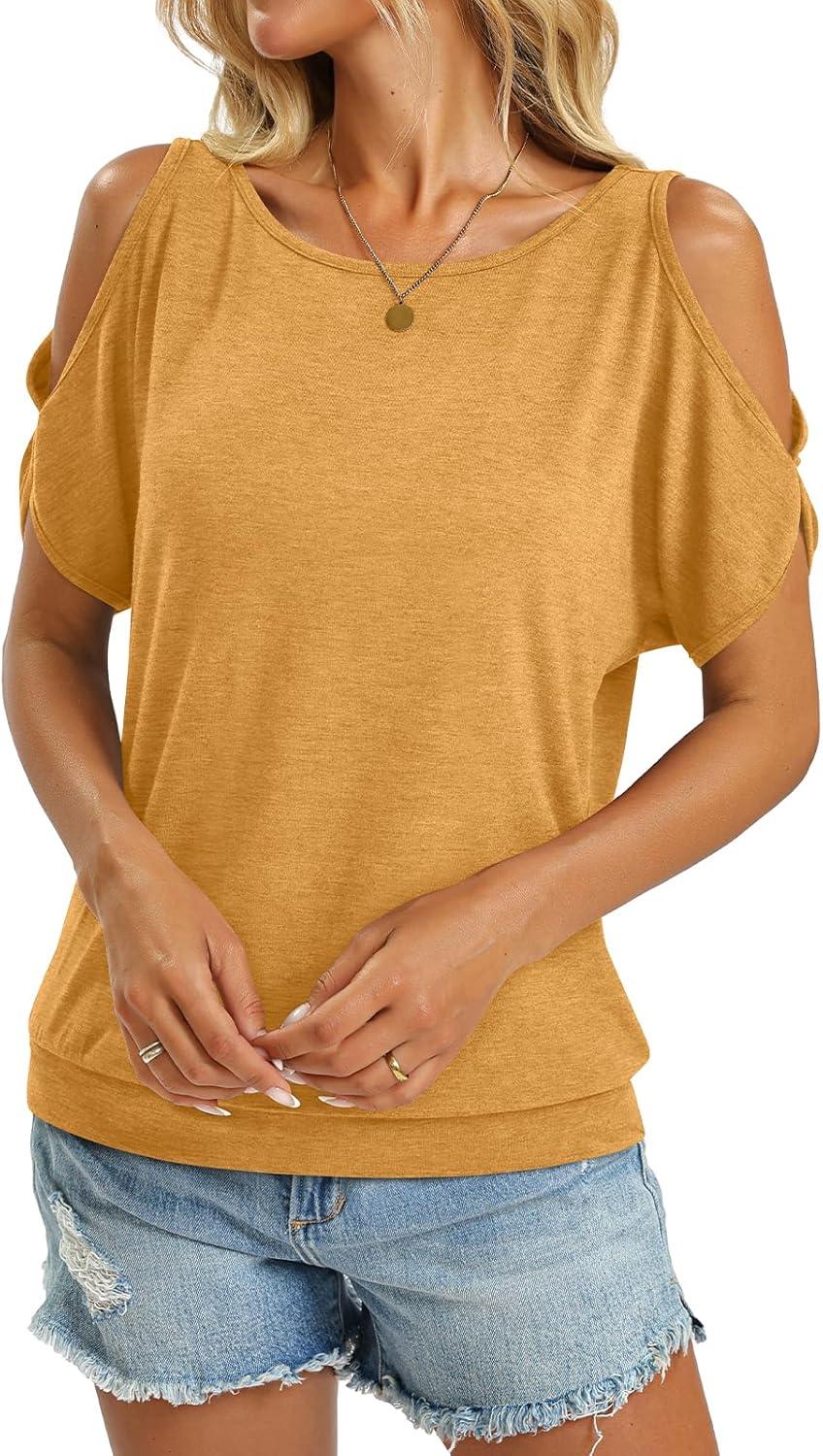 image:imageWomens Cold Shoulder Tops Banded Bottom Boat Neck T Shirts Summer Sexy Casual Loose Fit Clothes 2026Yellow