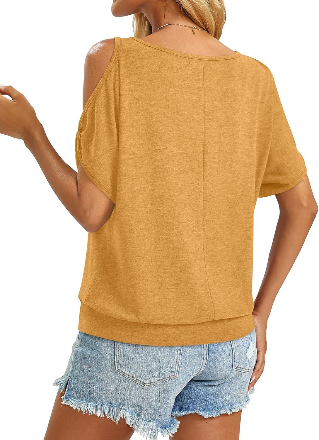 image:imageWomens Cold Shoulder Tops Banded Bottom Boat Neck T Shirts Summer Sexy Casual Loose Fit Clothes 2026Yellow