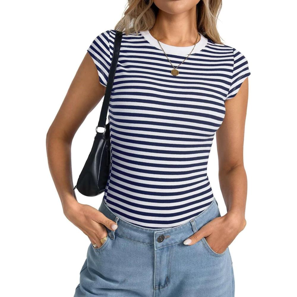 image:imageWomens Cap Sleeve Tops Summer Crew Neck Short Sleeve Shirts Slim Fit Basic Ribbed Tees Y2K Going Out Crop TopsNavy Blue Stripe
