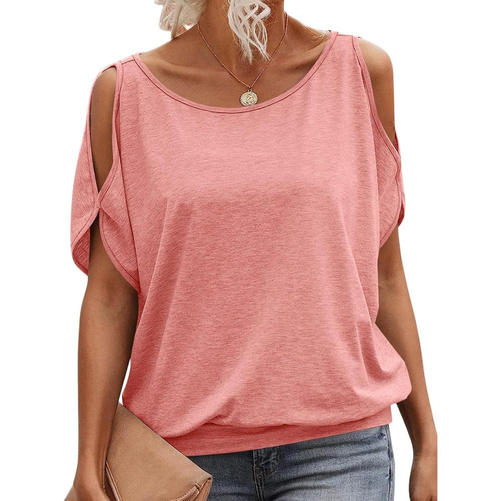image:imageWomens Cold Shoulder Tops Banded Bottom Boat Neck T Shirts Summer Sexy Casual Loose Fit Clothes 2026Coral