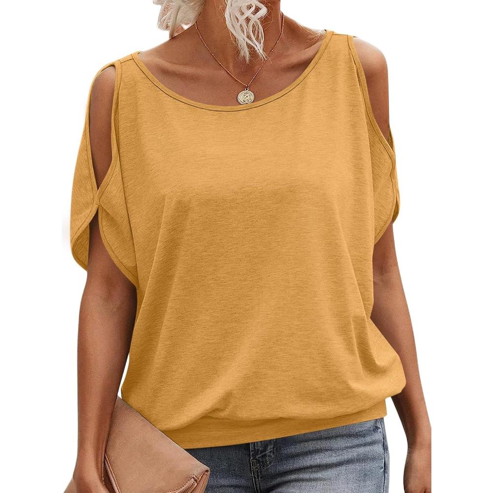 image:imageWomens Cold Shoulder Tops Banded Bottom Boat Neck T Shirts Summer Sexy Casual Loose Fit Clothes 2026Yellow