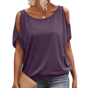 Womens Cold Shoulder Tops Banded Bottom Boat Neck T Shirts Summer Sexy Casual Loose Fit Clothes 2026(Deep Purple)