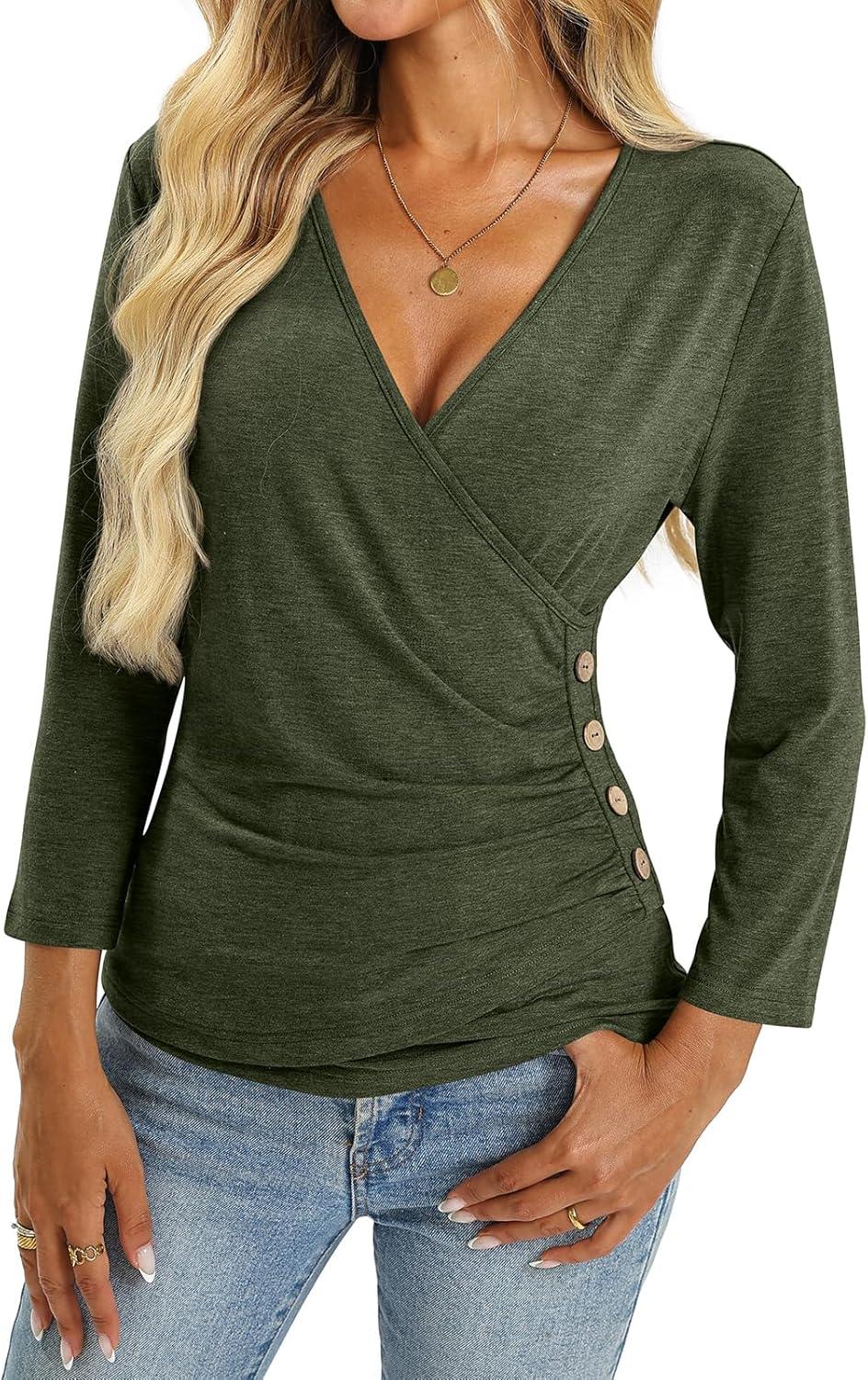 image:imageDeep V Neck 34 Length Sleeve Tops for Women Ruched Sexy Slim Fit Button Side BlouseArmy Green