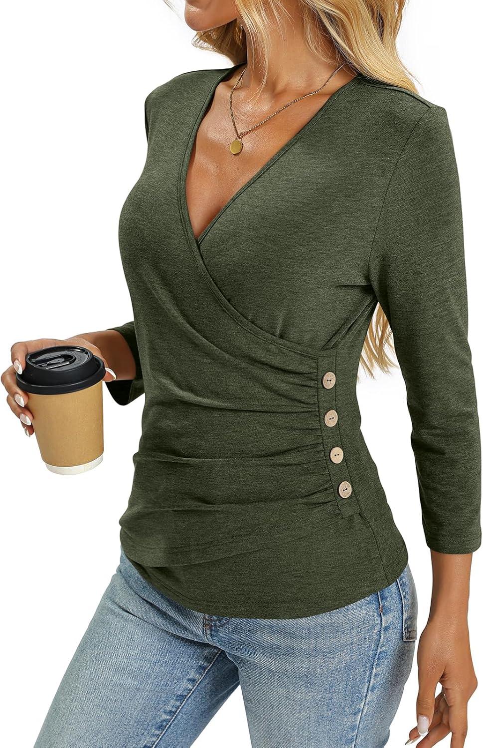 image:imageDeep V Neck 34 Length Sleeve Tops for Women Ruched Sexy Slim Fit Button Side BlouseArmy Green
