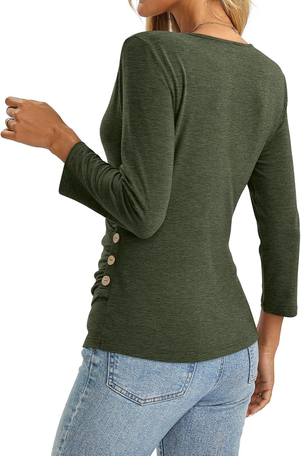 image:imageDeep V Neck 34 Length Sleeve Tops for Women Ruched Sexy Slim Fit Button Side BlouseArmy Green