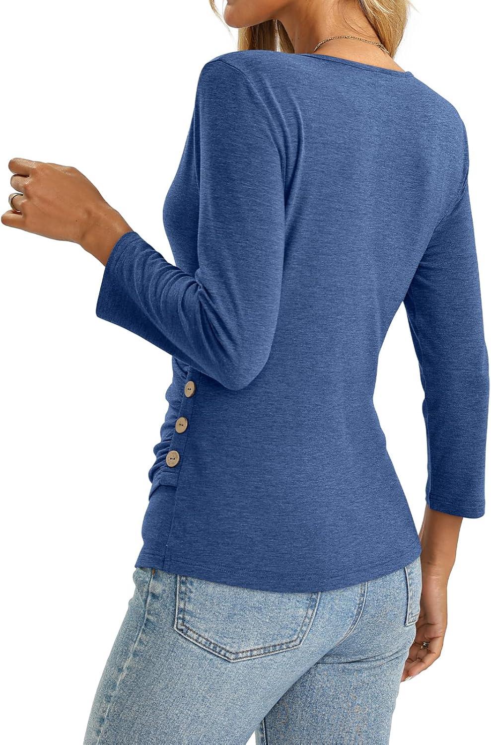 image:imageDeep V Neck 34 Length Sleeve Tops for Women Ruched Sexy Slim Fit Button Side BlouseBlue
