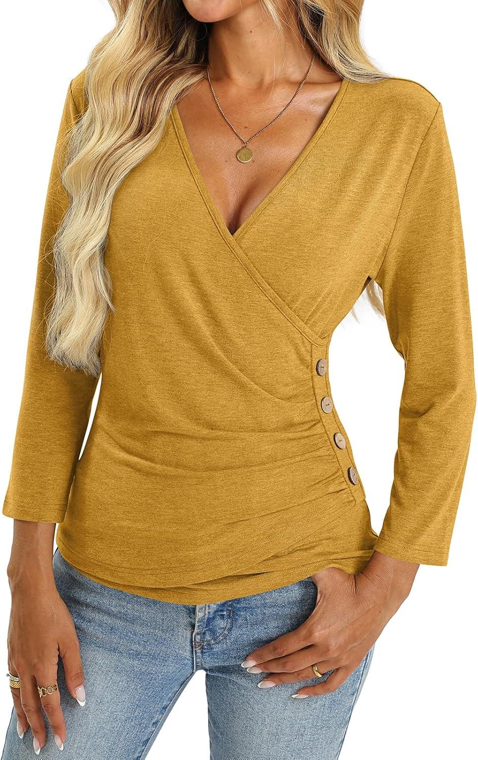 image:imageDeep V Neck 34 Length Sleeve Tops for Women Ruched Sexy Slim Fit Button Side BlouseYellow