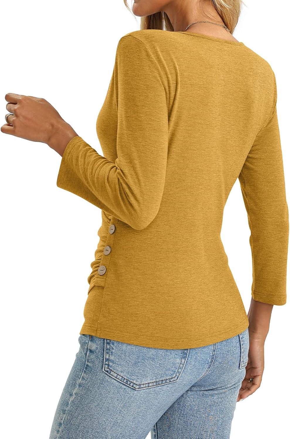 image:imageDeep V Neck 34 Length Sleeve Tops for Women Ruched Sexy Slim Fit Button Side BlouseYellow
