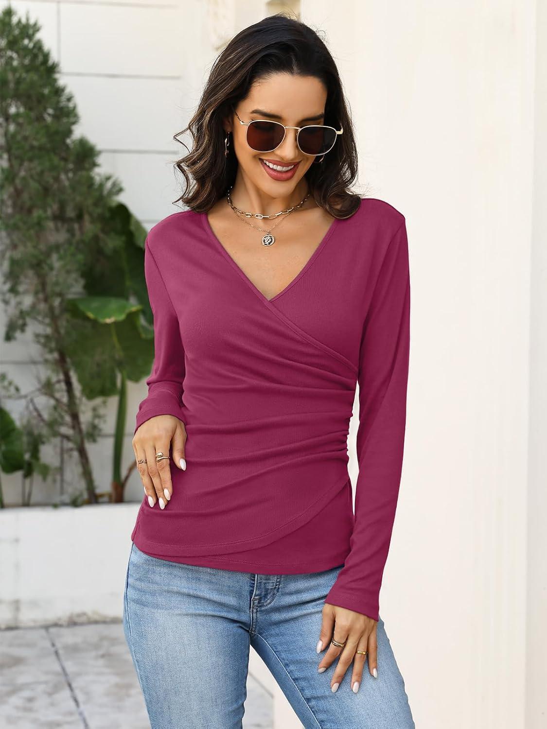 image:imageWomens Wrap Long Sleeve Shirts Ruched V Neck Tops Sexy Dressy Slim Fit Fall Outfits 2026Rose