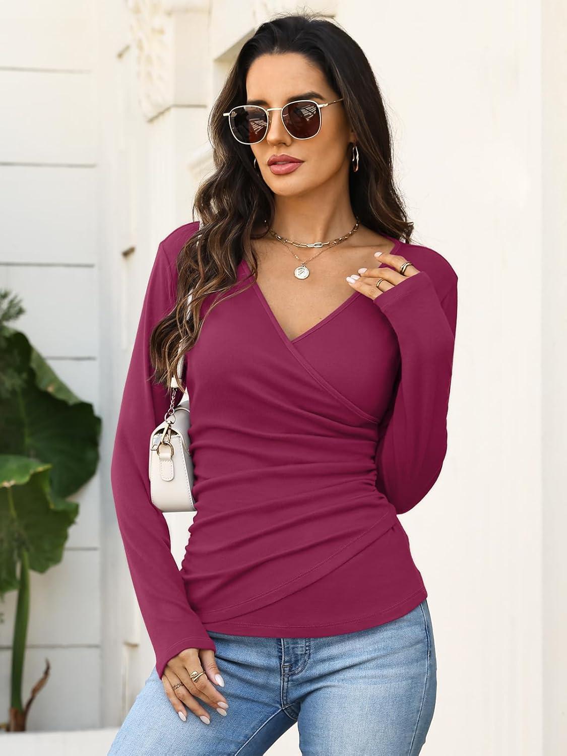image:imageWomens Wrap Long Sleeve Shirts Ruched V Neck Tops Sexy Dressy Slim Fit Fall Outfits 2026Rose