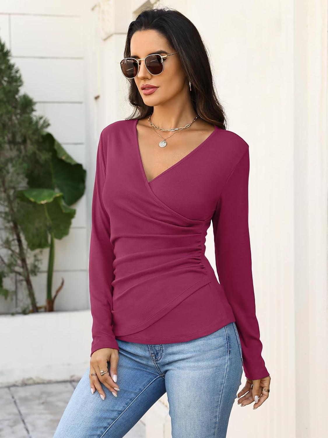 image:imageWomens Wrap Long Sleeve Shirts Ruched V Neck Tops Sexy Dressy Slim Fit Fall Outfits 2026Rose