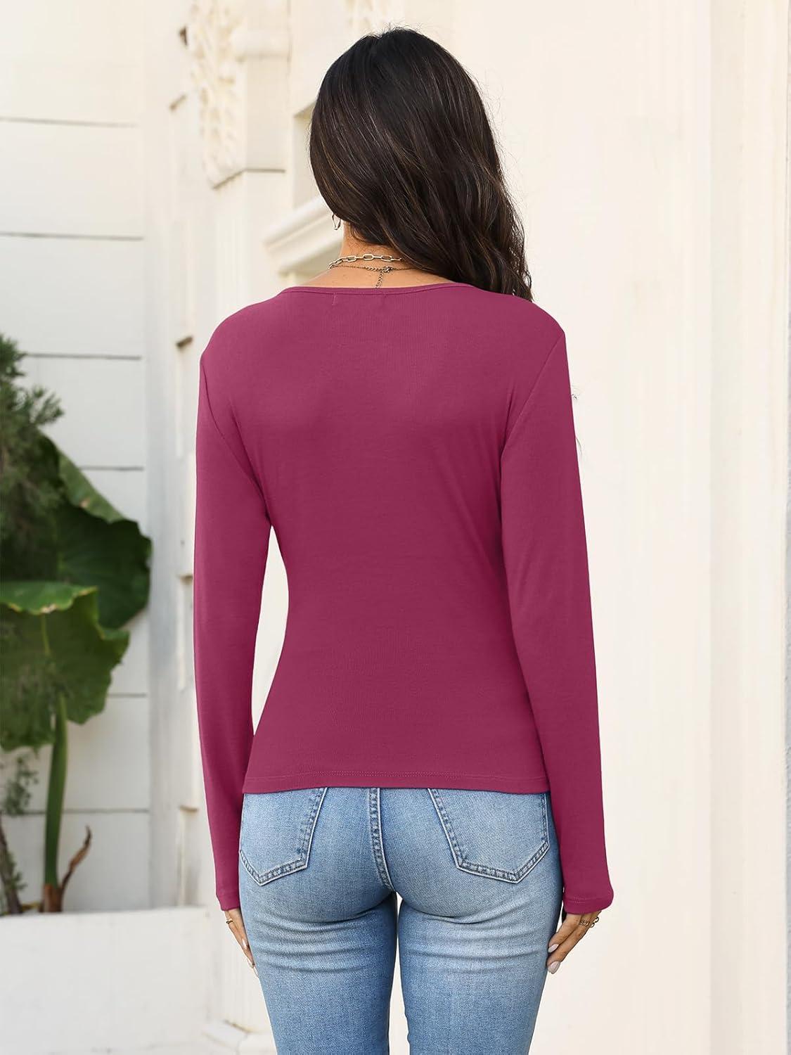 image:imageWomens Wrap Long Sleeve Shirts Ruched V Neck Tops Sexy Dressy Slim Fit Fall Outfits 2026Rose
