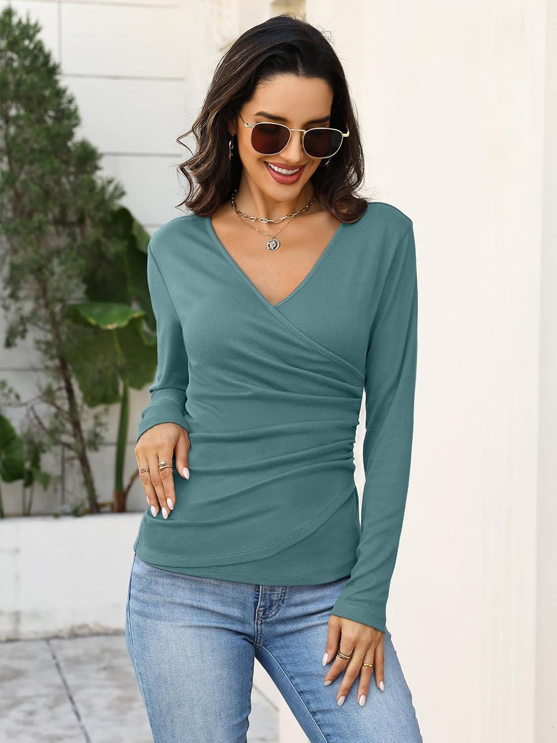 image:imageWomens Wrap Long Sleeve Shirts Ruched V Neck Tops Sexy Dressy Slim Fit Fall Outfits 2026Teal