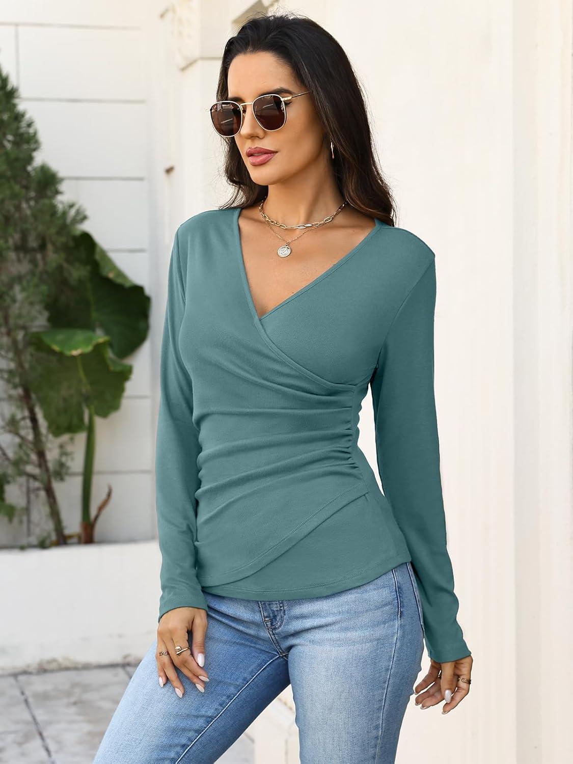 image:imageWomens Wrap Long Sleeve Shirts Ruched V Neck Tops Sexy Dressy Slim Fit Fall Outfits 2026Teal