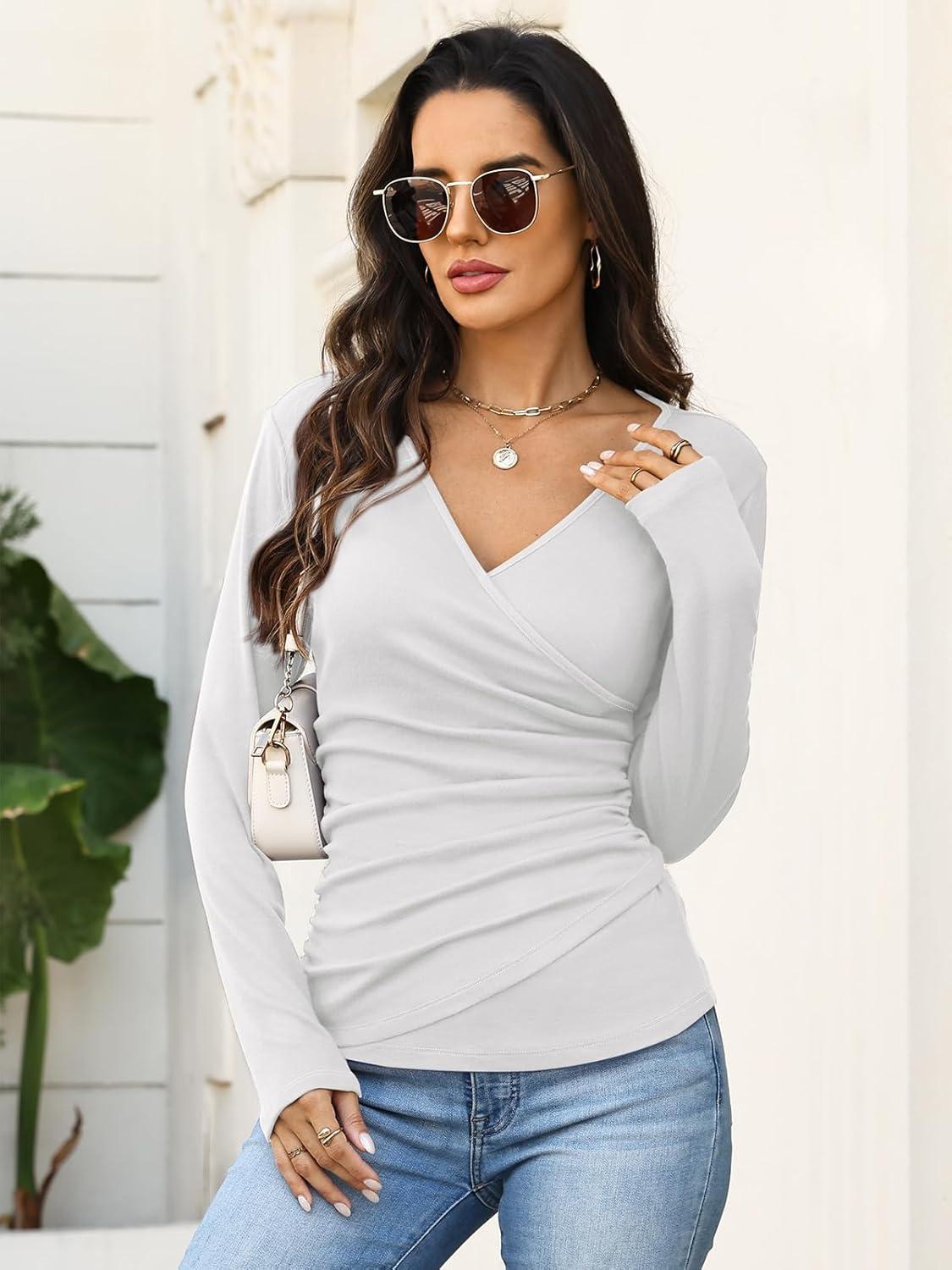 image:imageWomens Wrap Long Sleeve Shirts Ruched V Neck Tops Sexy Dressy Slim Fit Fall Outfits 2026White
