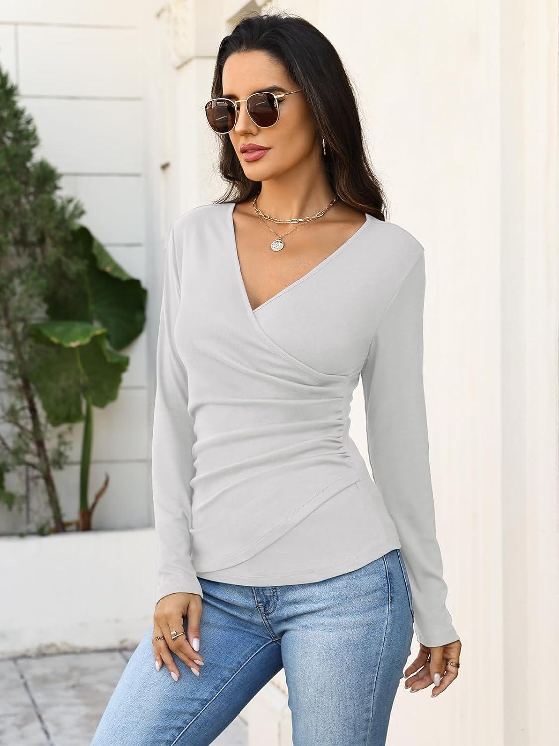 image:imageWomens Wrap Long Sleeve Shirts Ruched V Neck Tops Sexy Dressy Slim Fit Fall Outfits 2026White
