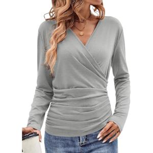Womens Wrap Long Sleeve Shirts Ruched V Neck Tops Sexy Dressy Slim Fit Fall Outfits 2026(Grey)