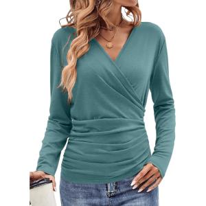 Womens Wrap Long Sleeve Shirts Ruched V Neck Tops Sexy Dressy Slim Fit Fall Outfits 2026(Teal)