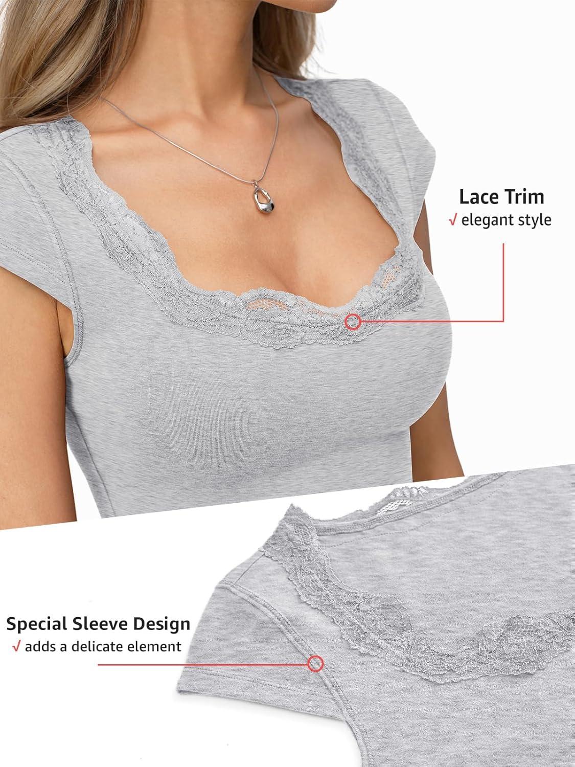 image:imageEasyGala Womens Cotton Scoop Neck Tops Lace Cap Sleeve Shirts Sexy Slim Fit Going Out T Shirts Trendy Summer ClothesLight Heather Grey