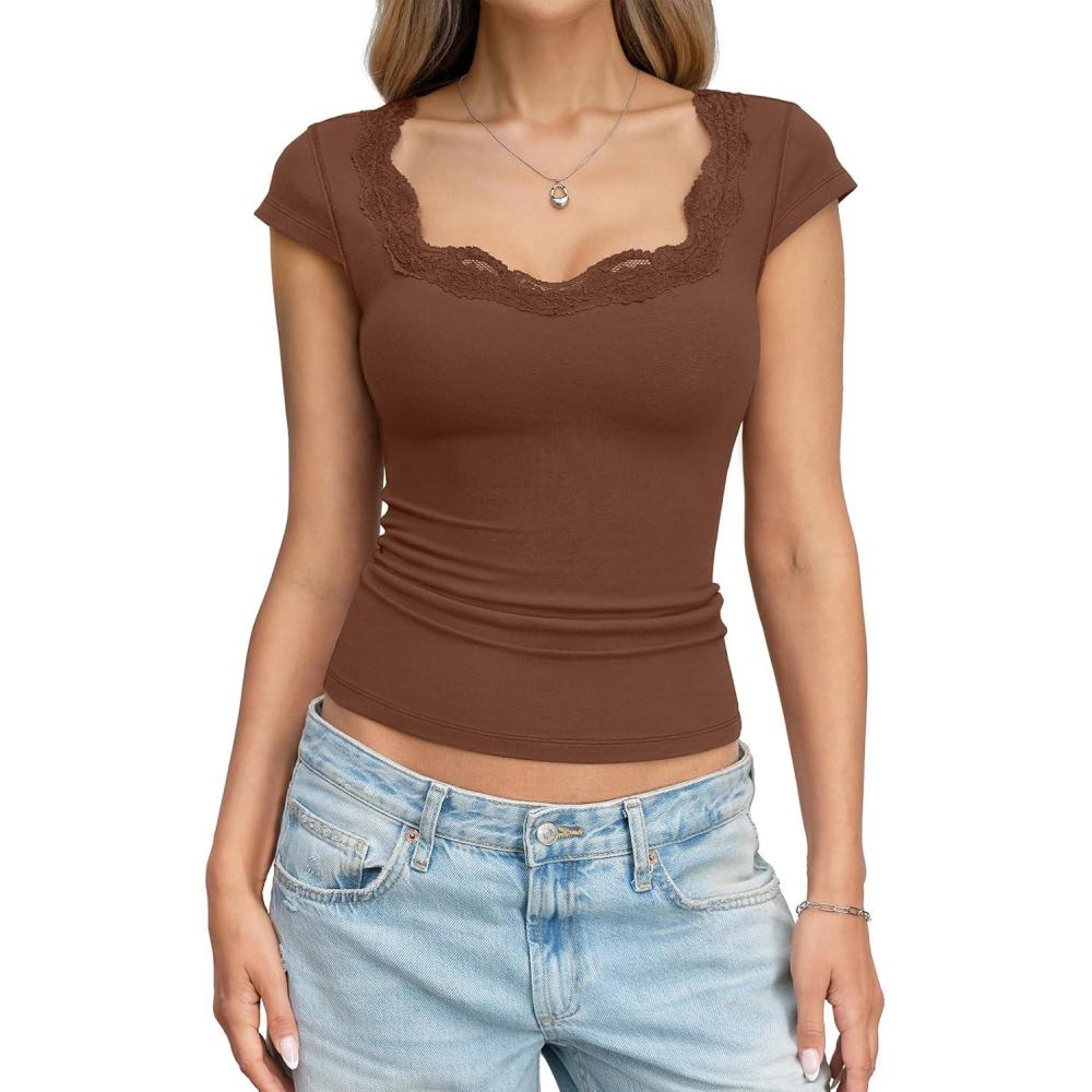 image:imageEasyGala Womens Cotton Scoop Neck Tops Lace Cap Sleeve Shirts Sexy Slim Fit Going Out T Shirts Trendy Summer ClothesBrown