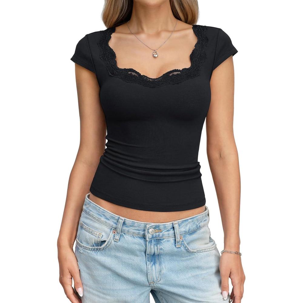 image:imageEasyGala Womens Cotton Scoop Neck Tops Lace Cap Sleeve Shirts Sexy Slim Fit Going Out T Shirts Trendy Summer ClothesTrue Black