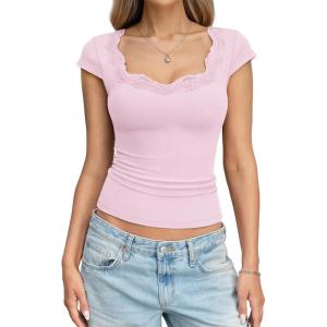 EasyGala Womens Cotton Scoop Neck Tops Lace Cap Sleeve Shirts Sexy Slim Fit Going Out T Shirts Trendy Summer Clothes(Baby Pink)