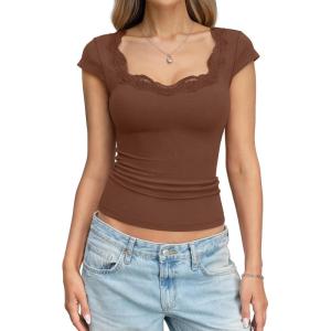 EasyGala Womens Cotton Scoop Neck Tops Lace Cap Sleeve Shirts Sexy Slim Fit Going Out T Shirts Trendy Summer Clothes(Brown)