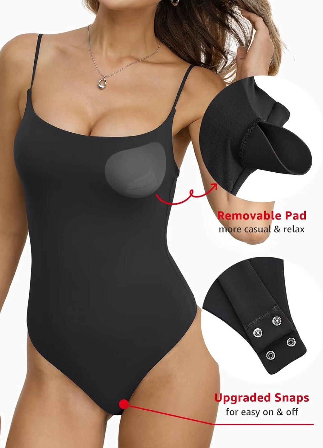 image:imageEasyGala Womens Double Lined Built in Bra Bodysuits Tank Tops Sexy Square Neck Camisole Summer Backless Thong Body SuitsBlack