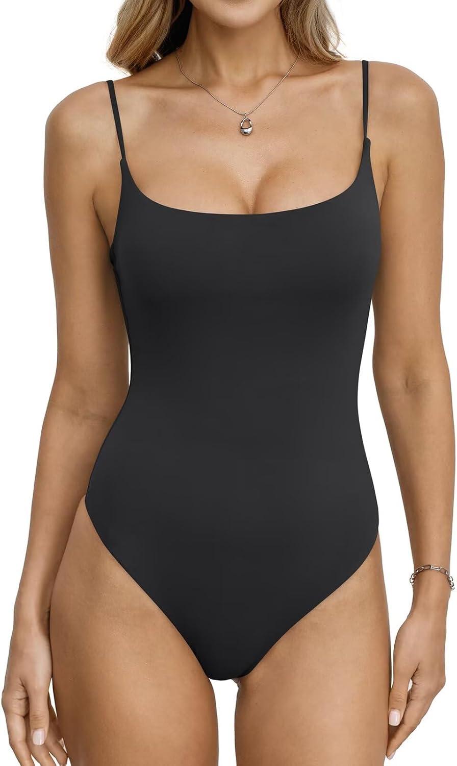 image:imageEasyGala Womens Double Lined Built in Bra Bodysuits Tank Tops Sexy Square Neck Camisole Summer Backless Thong Body SuitsBlack