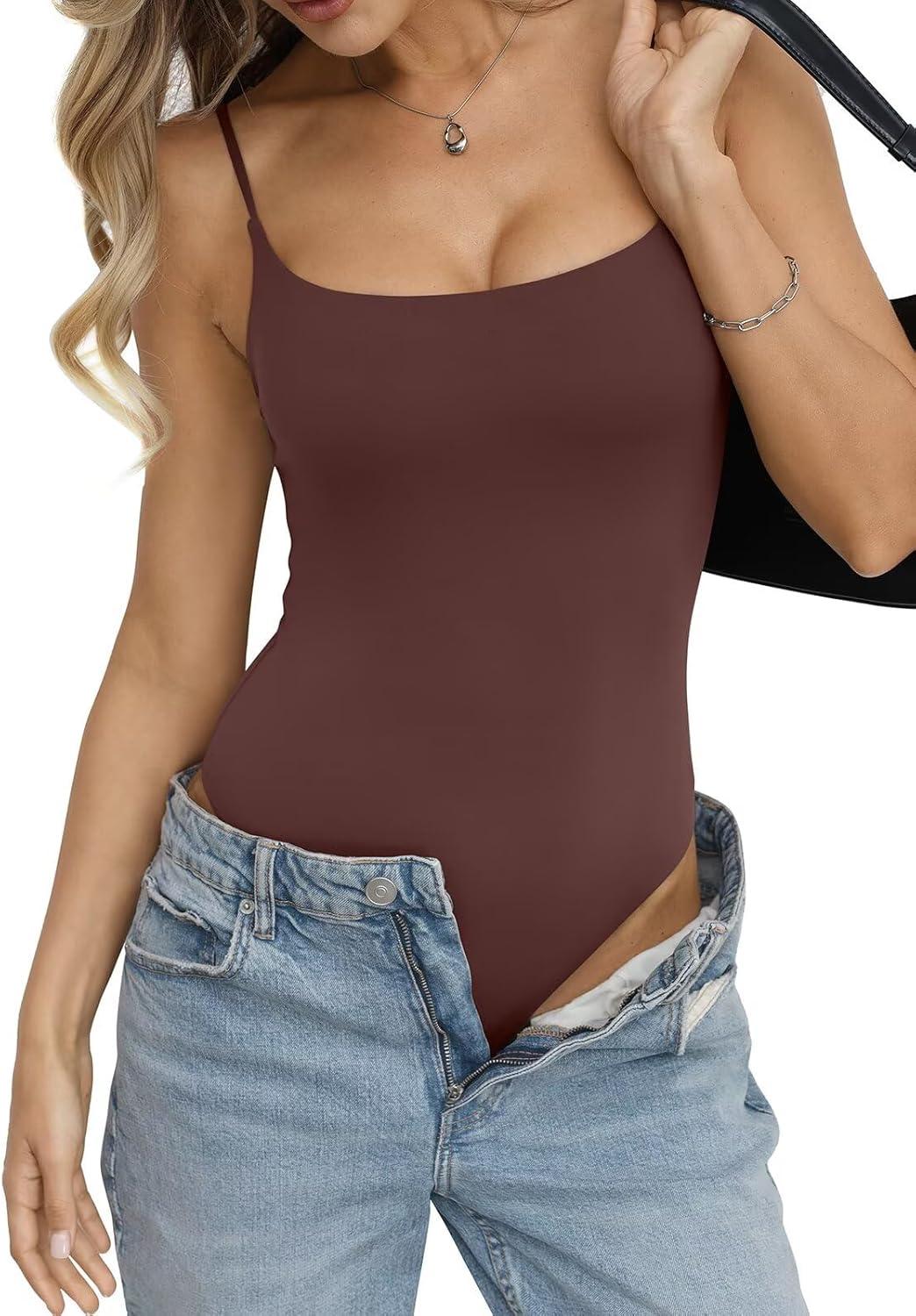 image:imageEasyGala Womens Double Lined Built in Bra Bodysuits Tank Tops Sexy Square Neck Camisole Summer Backless Thong Body SuitsBrown