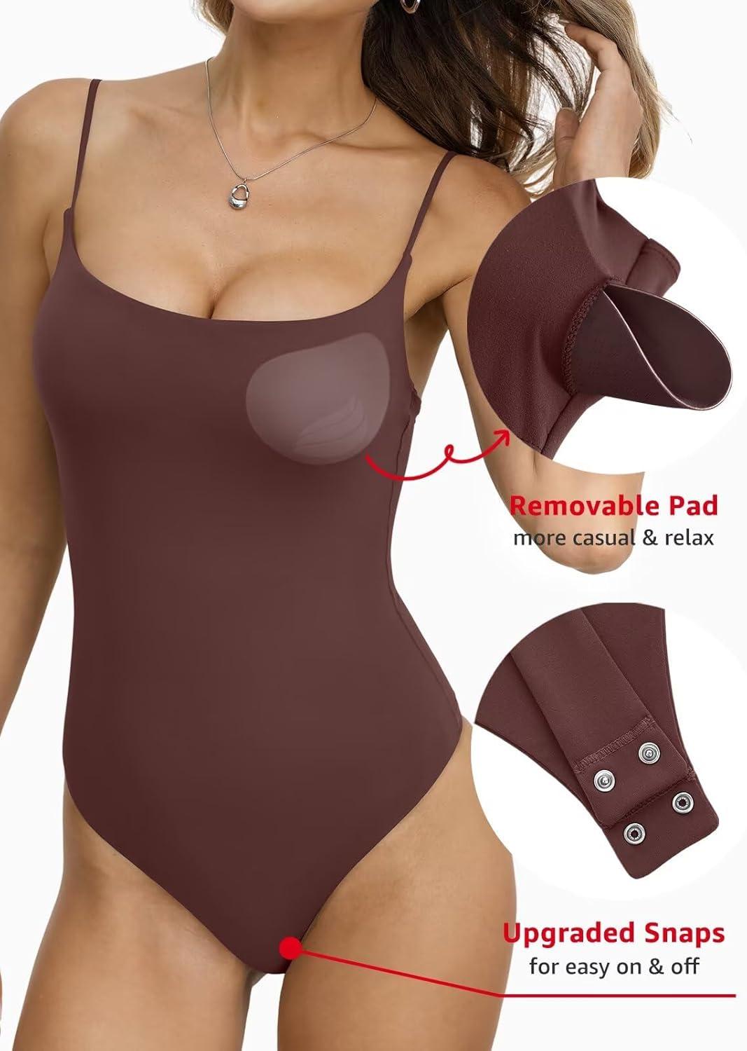 image:imageEasyGala Womens Double Lined Built in Bra Bodysuits Tank Tops Sexy Square Neck Camisole Summer Backless Thong Body SuitsBrown