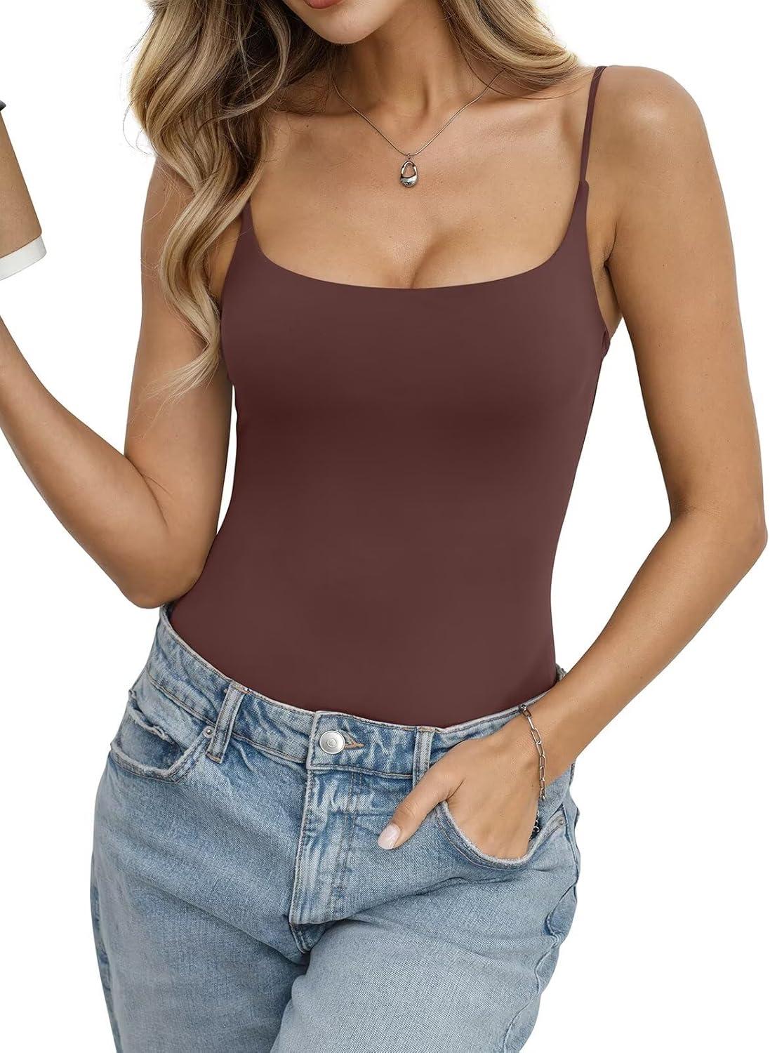 image:imageEasyGala Womens Double Lined Built in Bra Bodysuits Tank Tops Sexy Square Neck Camisole Summer Backless Thong Body SuitsBrown