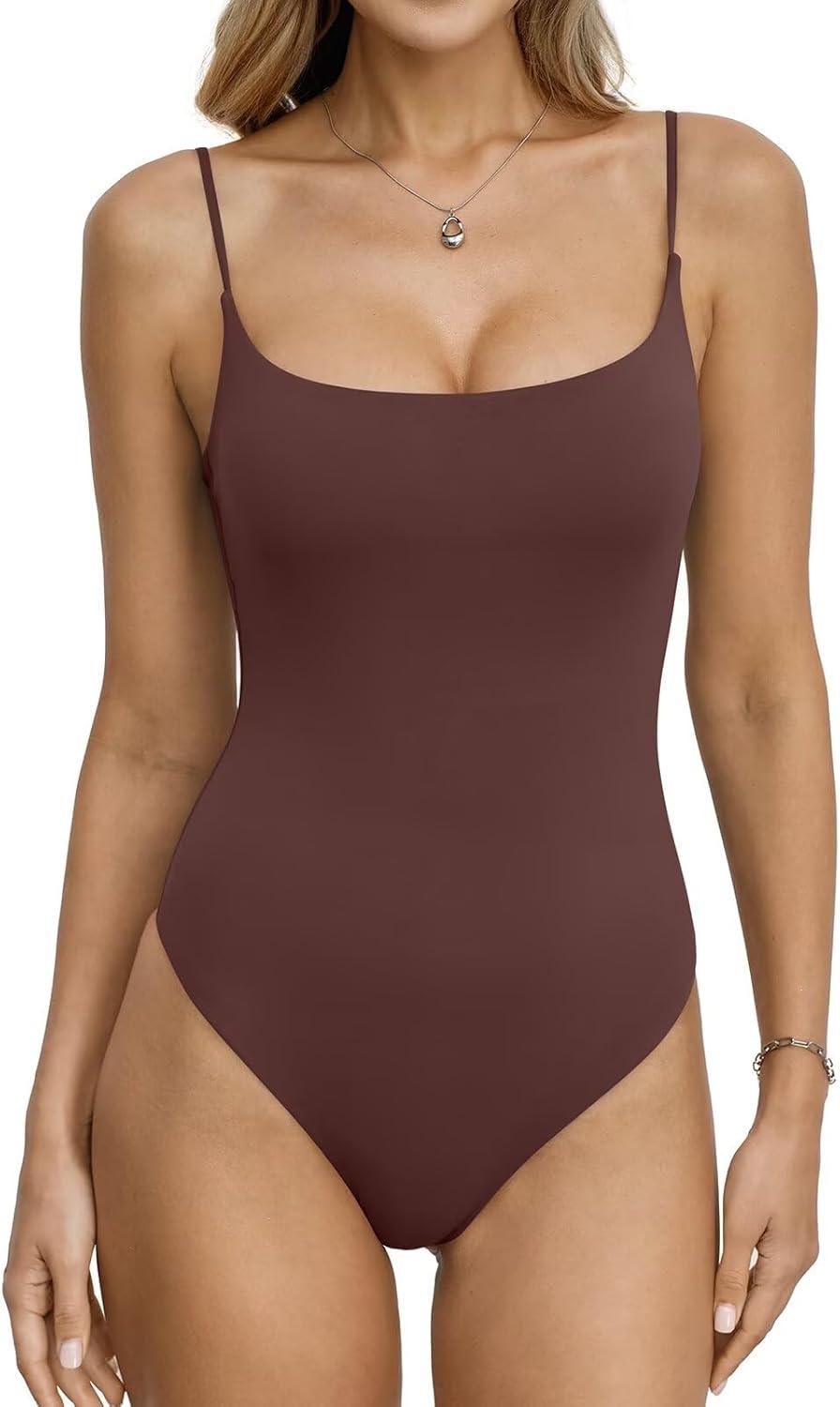 image:imageEasyGala Womens Double Lined Built in Bra Bodysuits Tank Tops Sexy Square Neck Camisole Summer Backless Thong Body SuitsBrown