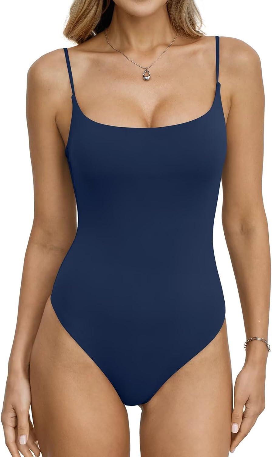 image:imageEasyGala Womens Double Lined Built in Bra Bodysuits Tank Tops Sexy Square Neck Camisole Summer Backless Thong Body SuitsNavy Blue