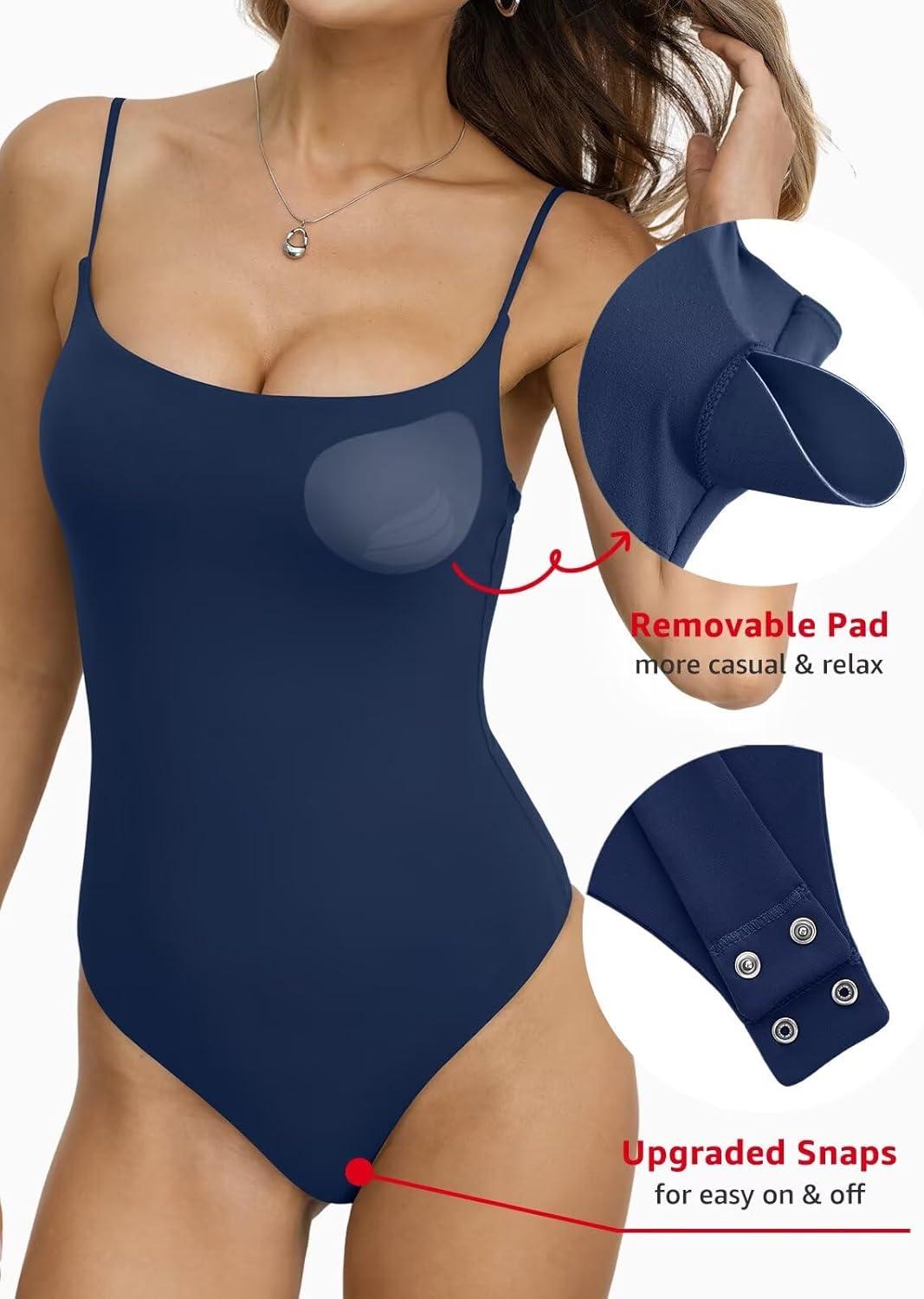 image:imageEasyGala Womens Double Lined Built in Bra Bodysuits Tank Tops Sexy Square Neck Camisole Summer Backless Thong Body SuitsNavy Blue