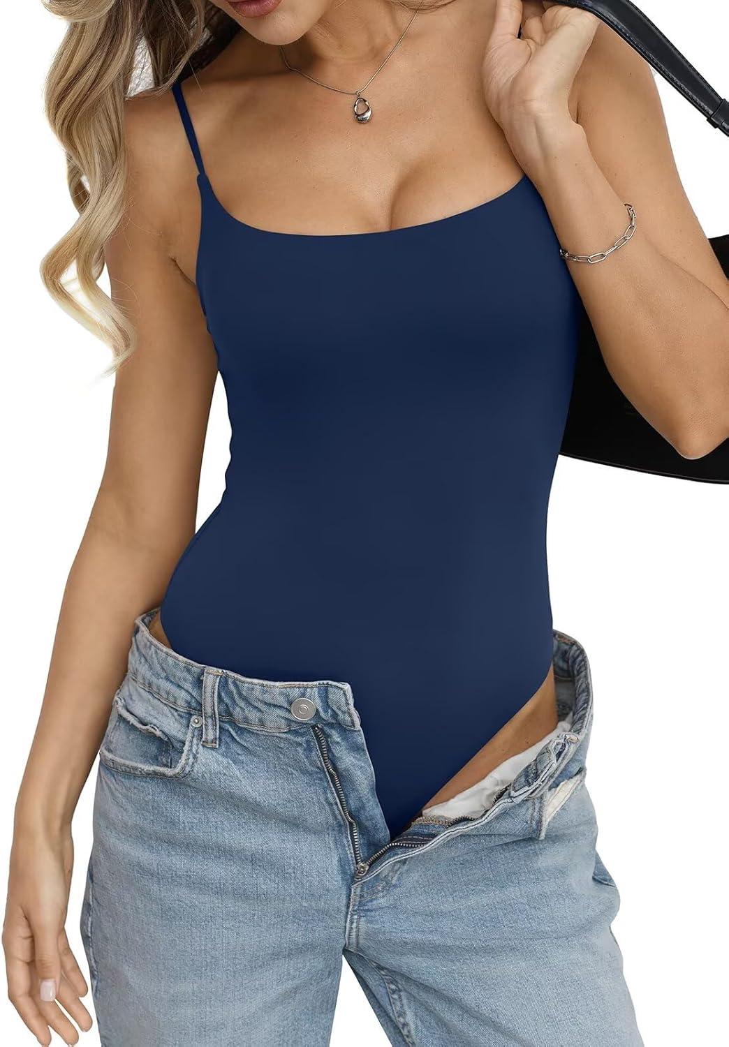 image:imageEasyGala Womens Double Lined Built in Bra Bodysuits Tank Tops Sexy Square Neck Camisole Summer Backless Thong Body SuitsNavy Blue
