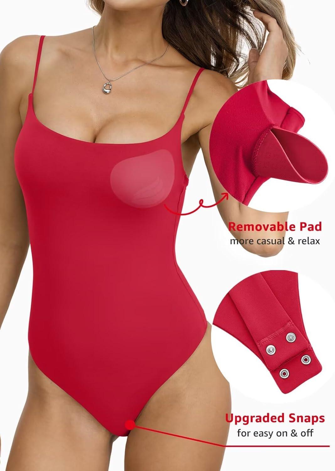 image:imageEasyGala Womens Double Lined Built in Bra Bodysuits Tank Tops Sexy Square Neck Camisole Summer Backless Thong Body SuitsRed