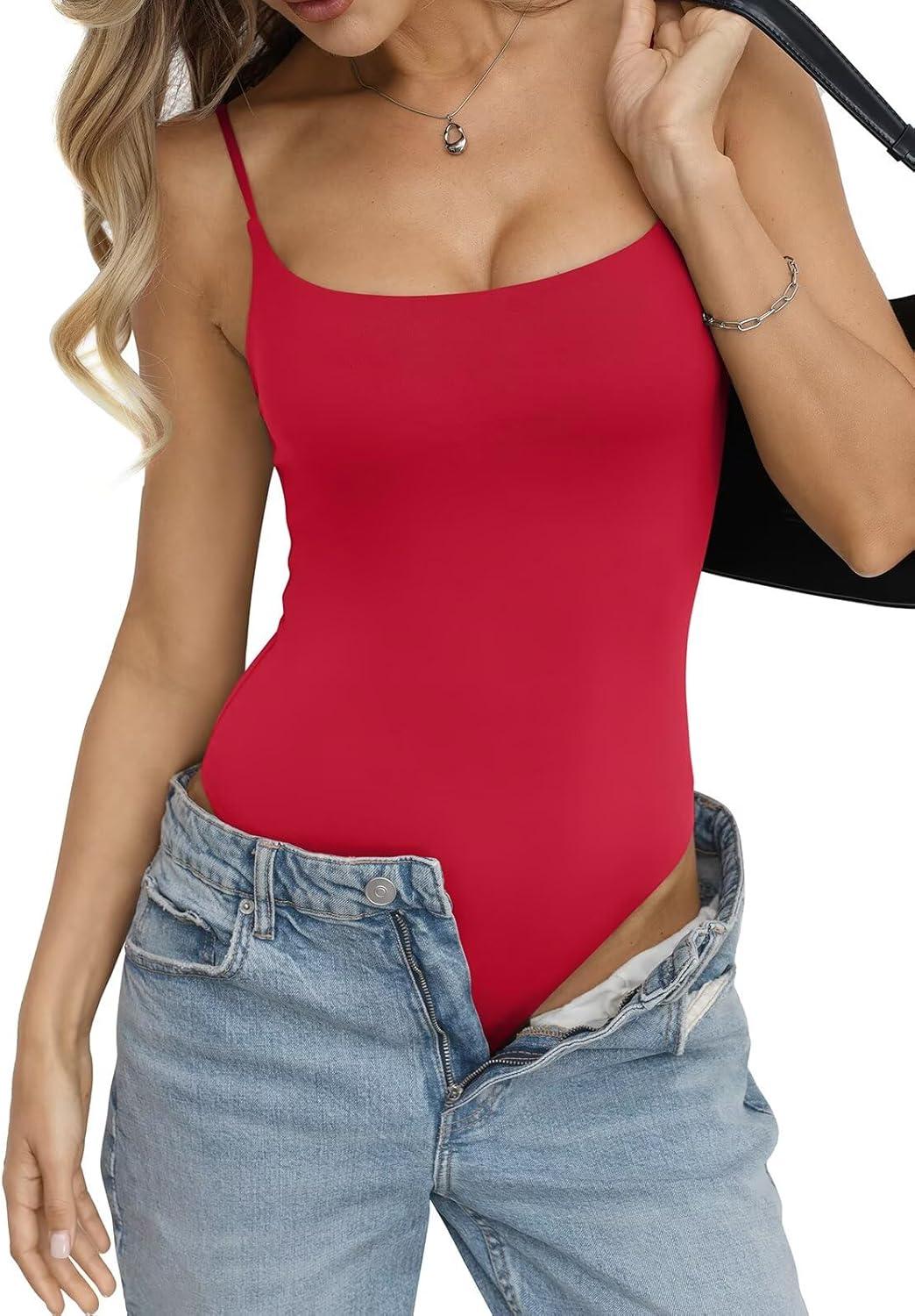 image:imageEasyGala Womens Double Lined Built in Bra Bodysuits Tank Tops Sexy Square Neck Camisole Summer Backless Thong Body SuitsRed