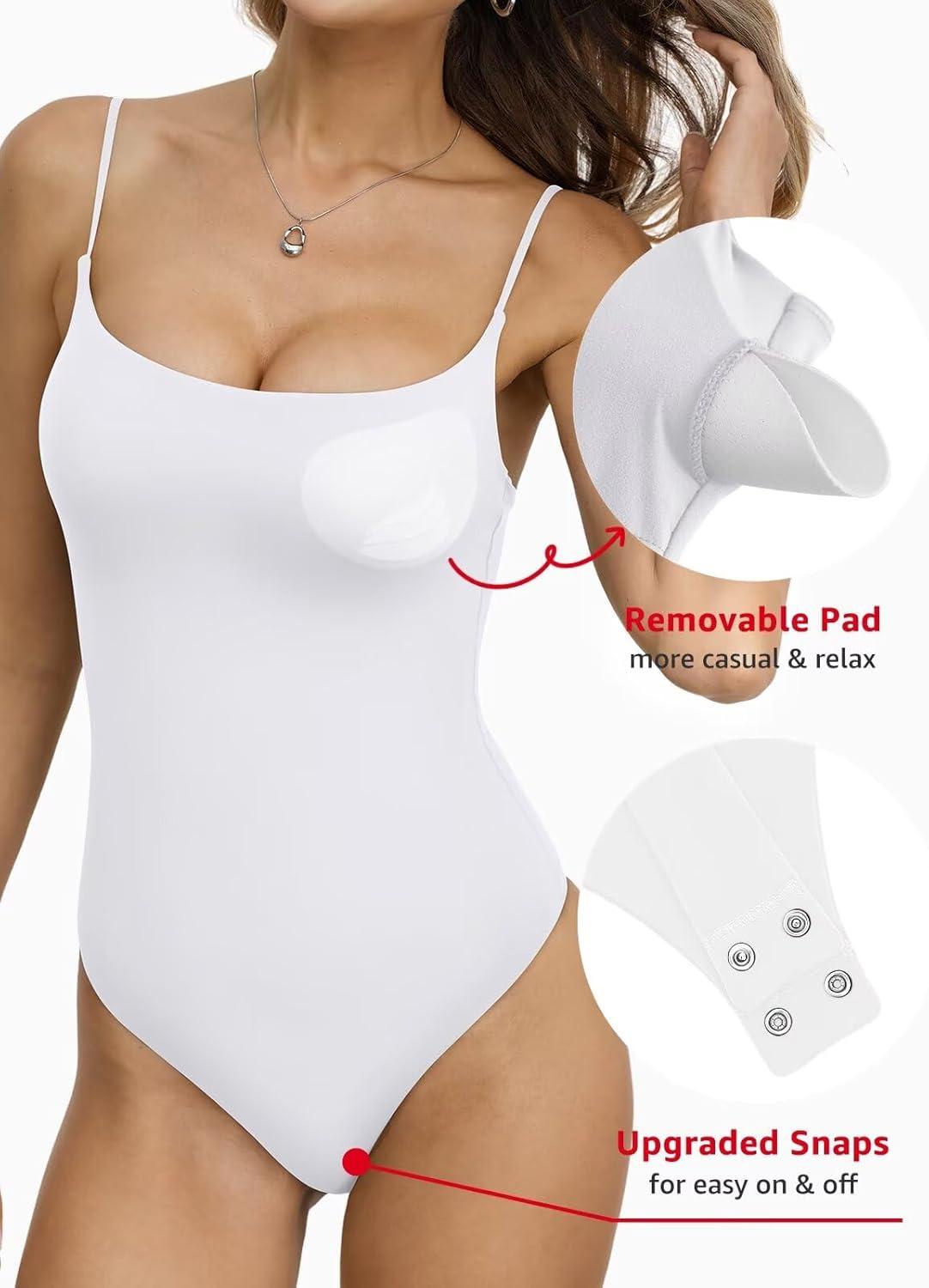 image:imageEasyGala Womens Double Lined Built in Bra Bodysuits Tank Tops Sexy Square Neck Camisole Summer Backless Thong Body SuitsWhite