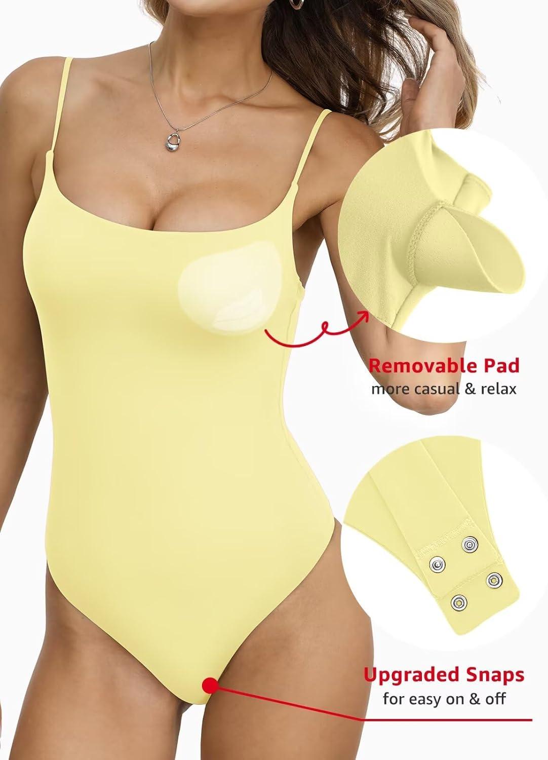 image:imageEasyGala Womens Double Lined Built in Bra Bodysuits Tank Tops Sexy Square Neck Camisole Summer Backless Thong Body SuitsYellow