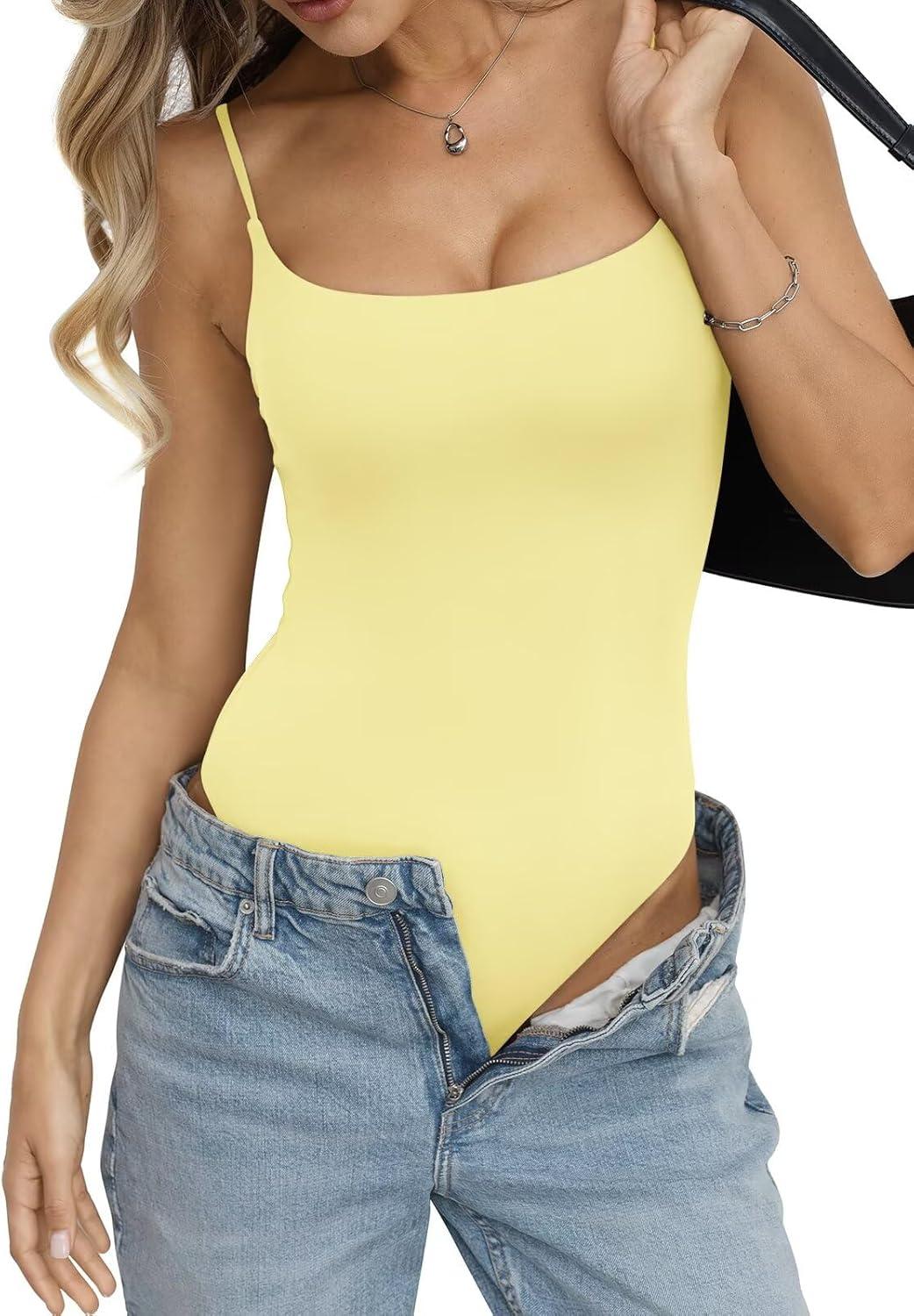 image:imageEasyGala Womens Double Lined Built in Bra Bodysuits Tank Tops Sexy Square Neck Camisole Summer Backless Thong Body SuitsYellow