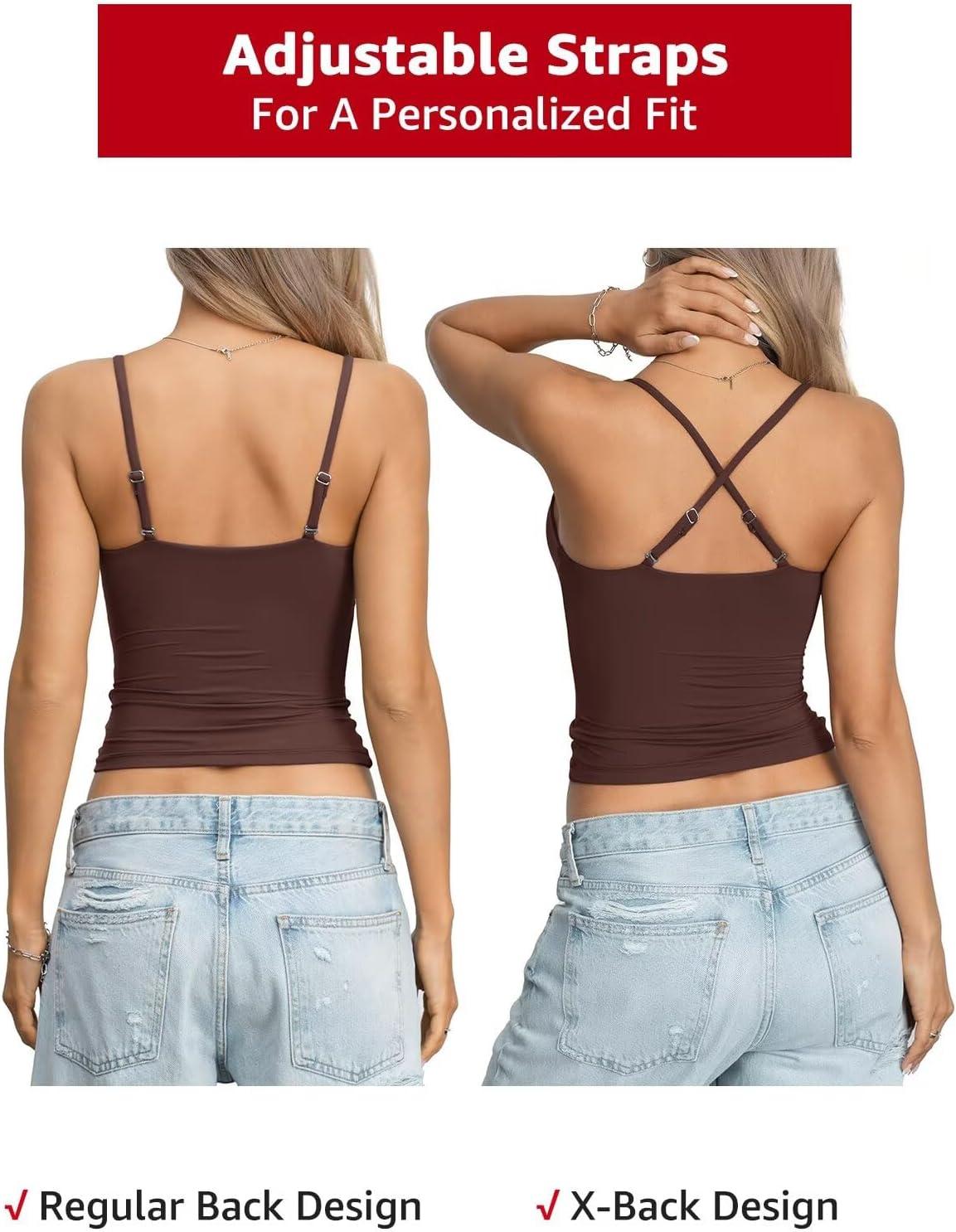 image:imageEasyGala Womens Double Lined Camisole Crop Tops Sexy V Neck Spaghetti Straps Tank Tops Fitted Y2K Summer Going Out ShirtBrown