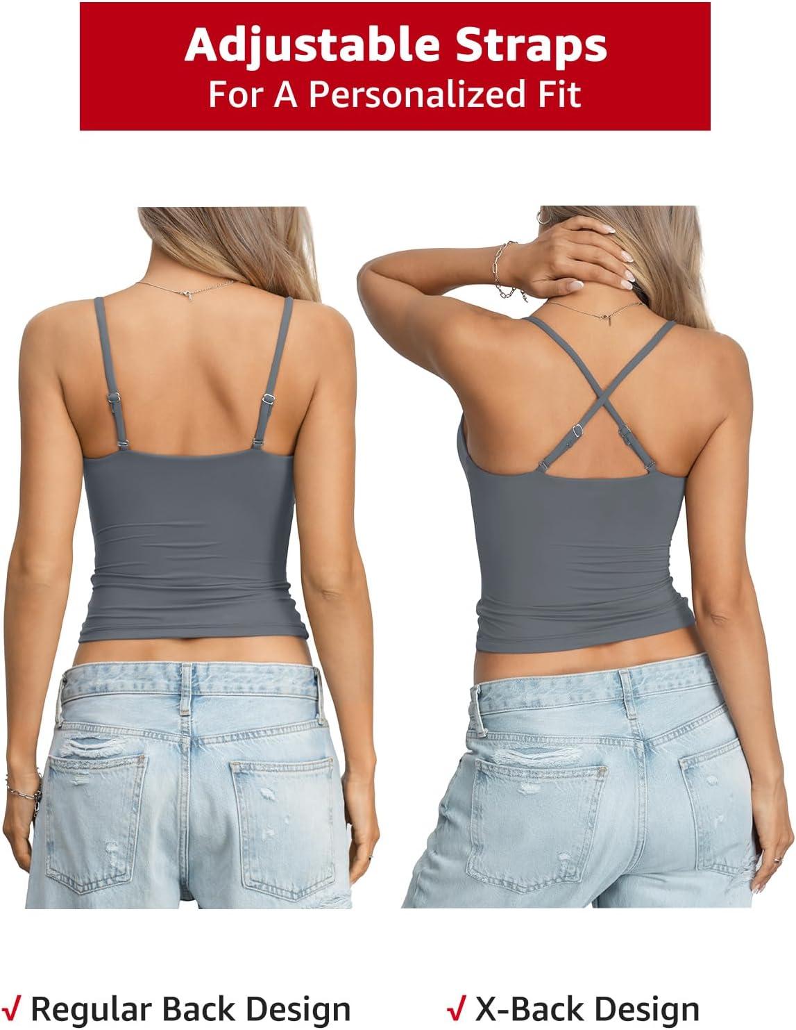 image:imageEasyGala Womens Double Lined Camisole Crop Tops Sexy V Neck Spaghetti Straps Tank Tops Fitted Y2K Summer Going Out ShirtGrey
