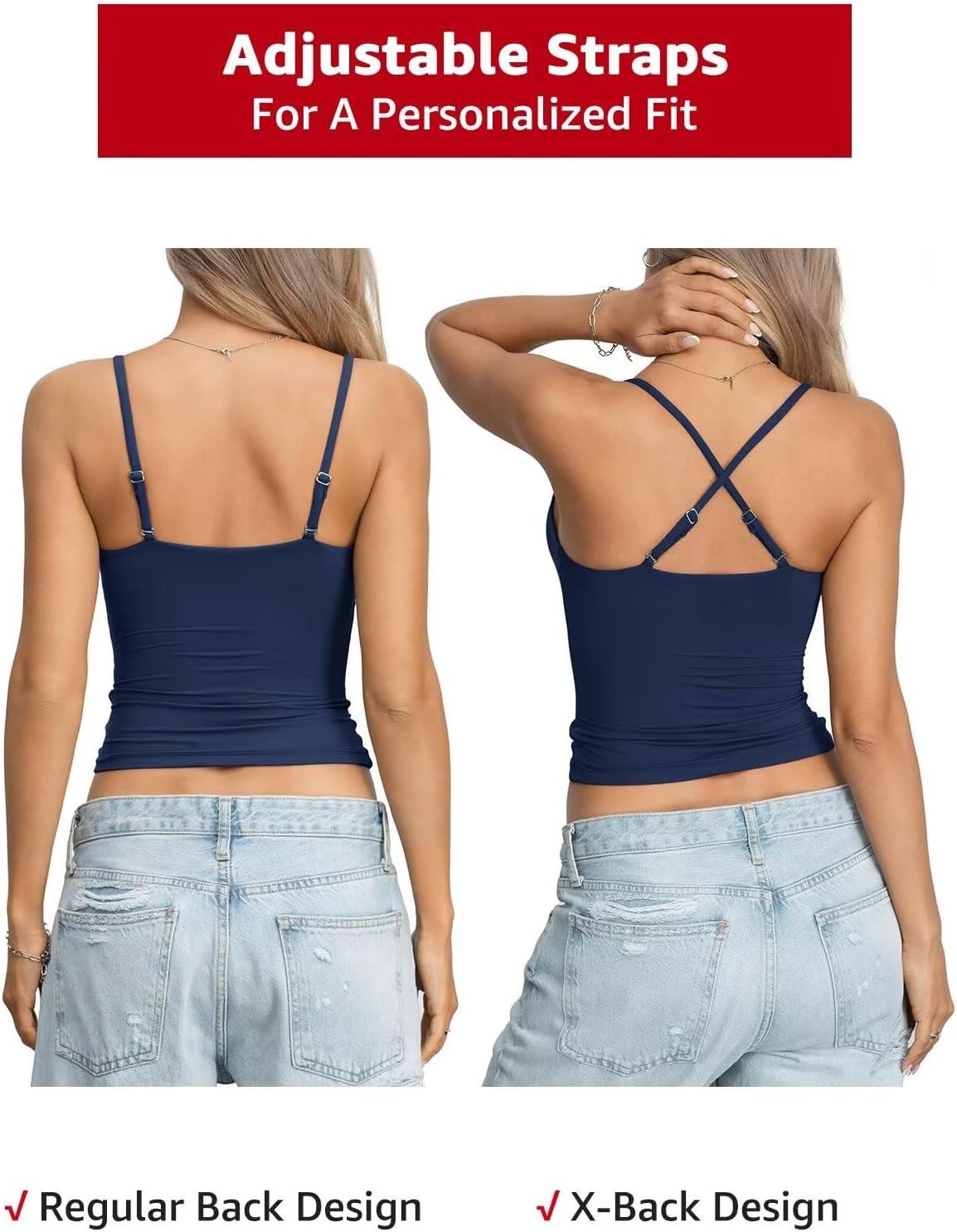 image:imageEasyGala Womens Double Lined Camisole Crop Tops Sexy V Neck Spaghetti Straps Tank Tops Fitted Y2K Summer Going Out ShirtNavy Blue