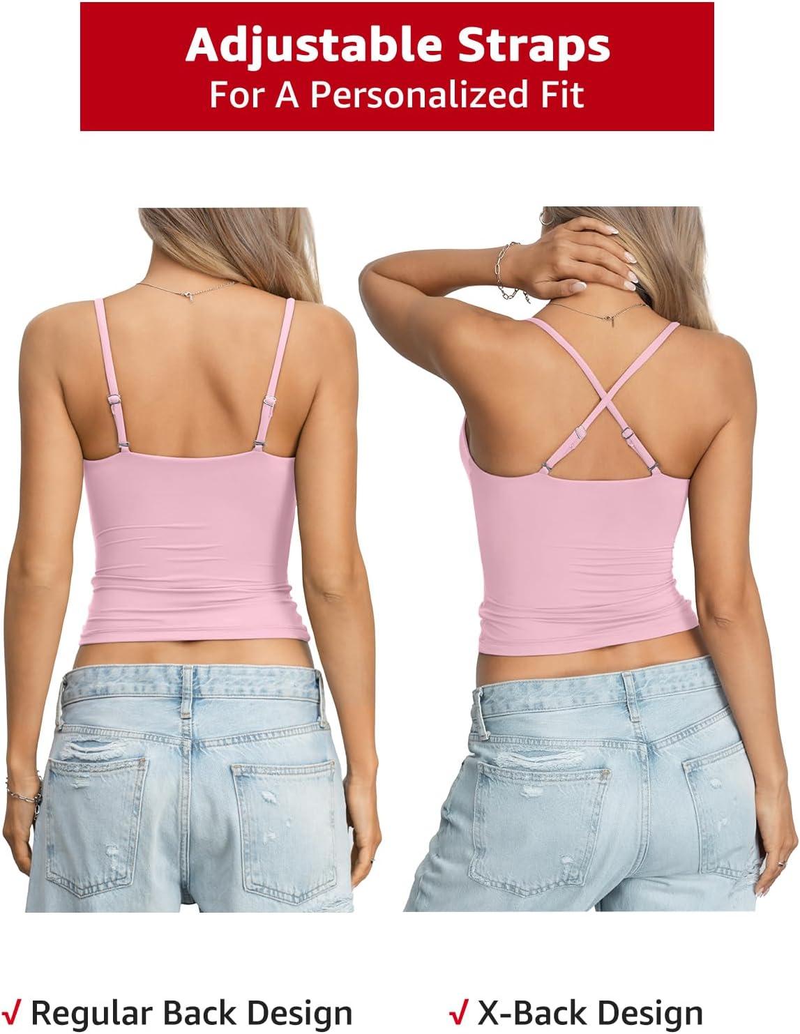 image:imageEasyGala Womens Double Lined Camisole Crop Tops Sexy V Neck Spaghetti Straps Tank Tops Fitted Y2K Summer Going Out ShirtPink