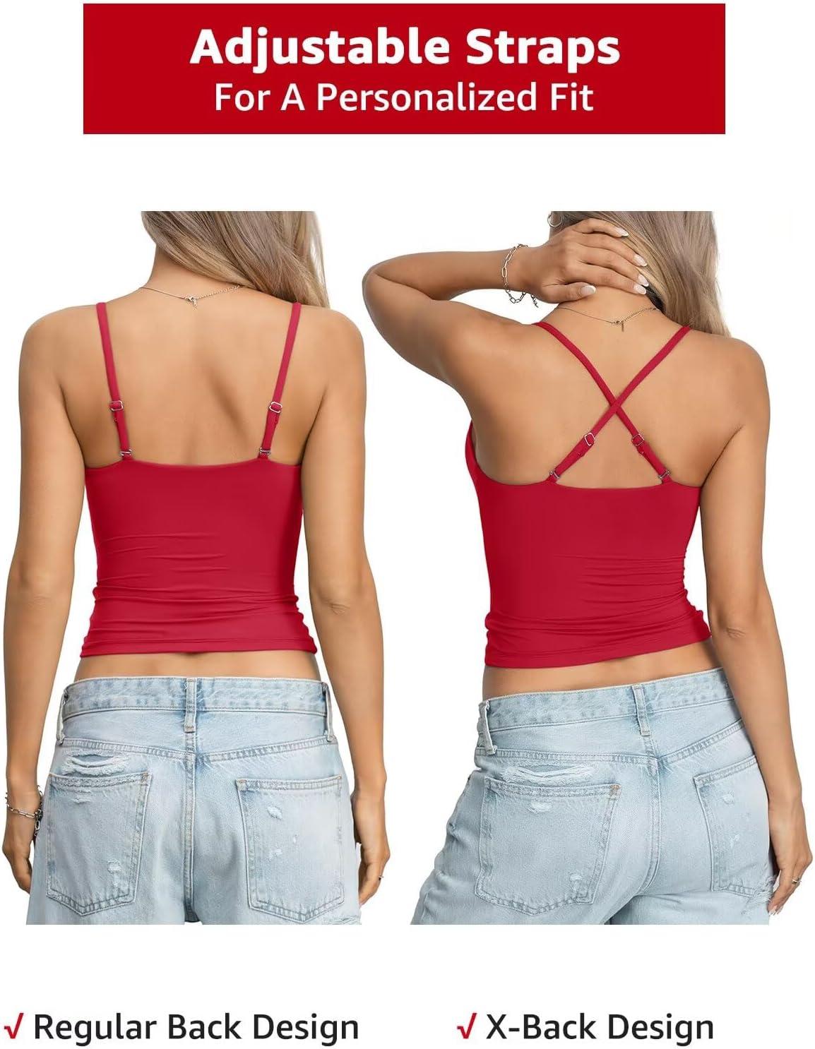 image:imageEasyGala Womens Double Lined Camisole Crop Tops Sexy V Neck Spaghetti Straps Tank Tops Fitted Y2K Summer Going Out ShirtRed