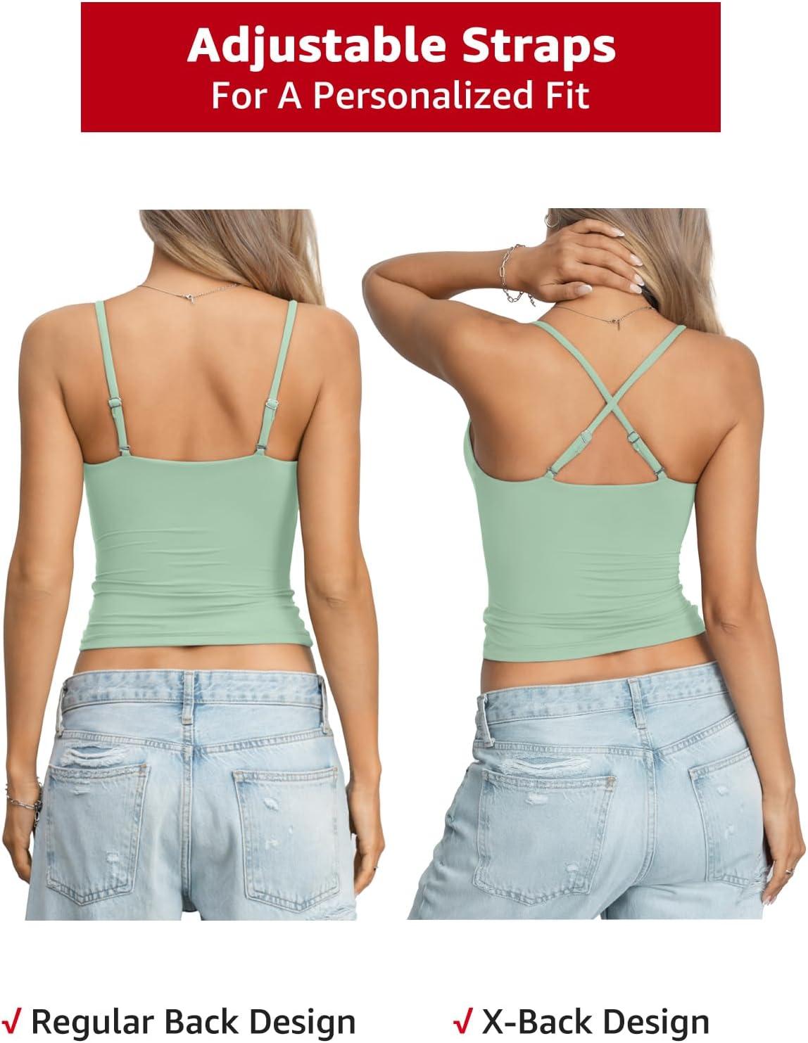 image:imageEasyGala Womens Double Lined Camisole Crop Tops Sexy V Neck Spaghetti Straps Tank Tops Fitted Y2K Summer Going Out ShirtSmoke Green
